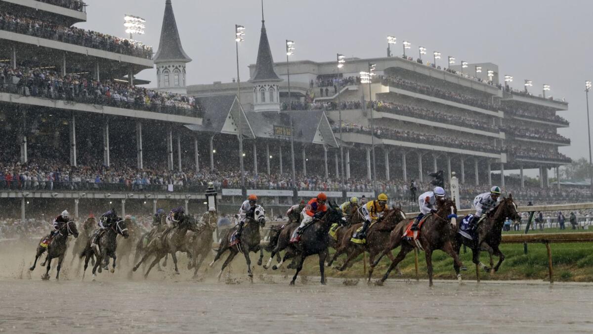 Horses race during the 144th running of the Kentucky Derby on May 5, 2018, at Churchill Downs.