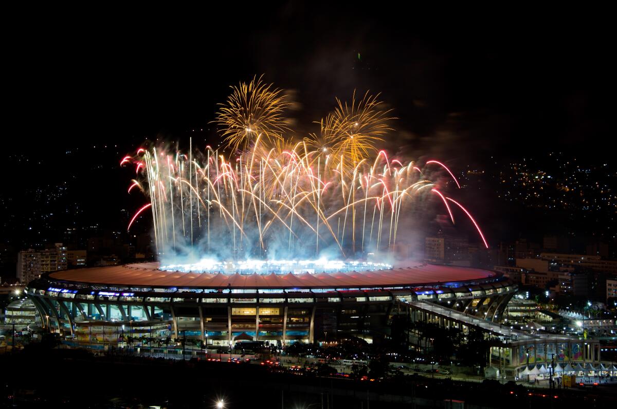RIO DE JANEIRO, BRAZIL - JULY 13: General view of fireworks after the 2014 FIFA World Cup Brazil Final between Germany v Argentina at Maracana Stadium on July 13, 2014 in Rio de Janeiro, Brazil. (Photo by Buda Mendes/Getty Images) ORG XMIT: 491717433