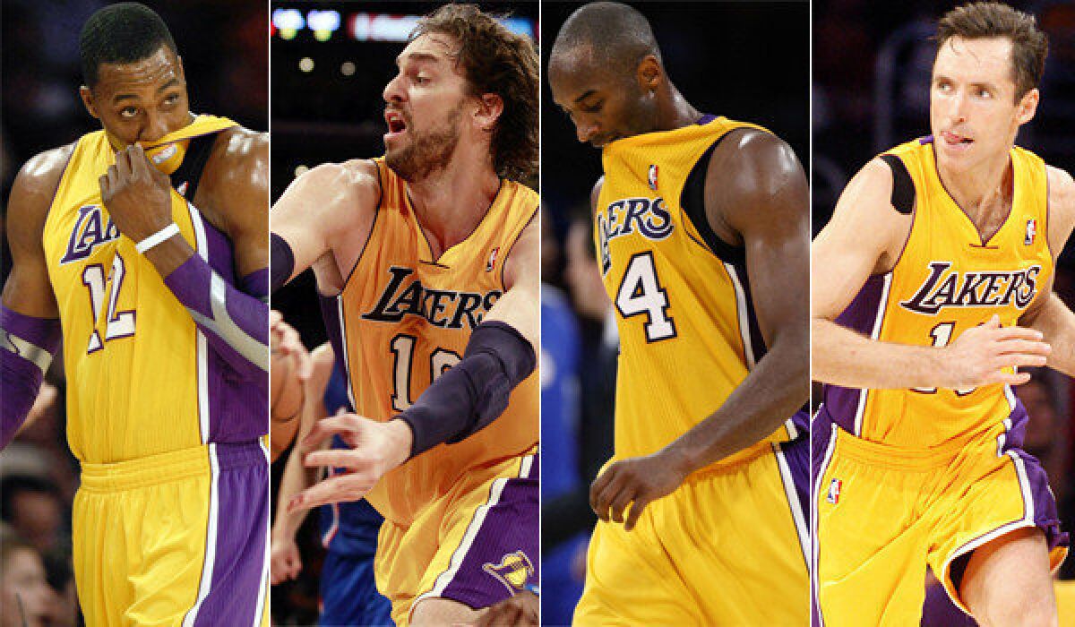 Dwight Howard, left, has cost the Lakers games with his poor free-throw shooting; Pau Gasol has hurt knees and hurt feelings; Kobe Bryant has become the team's unofficial point guard in the absence of the injured Steve Nash.