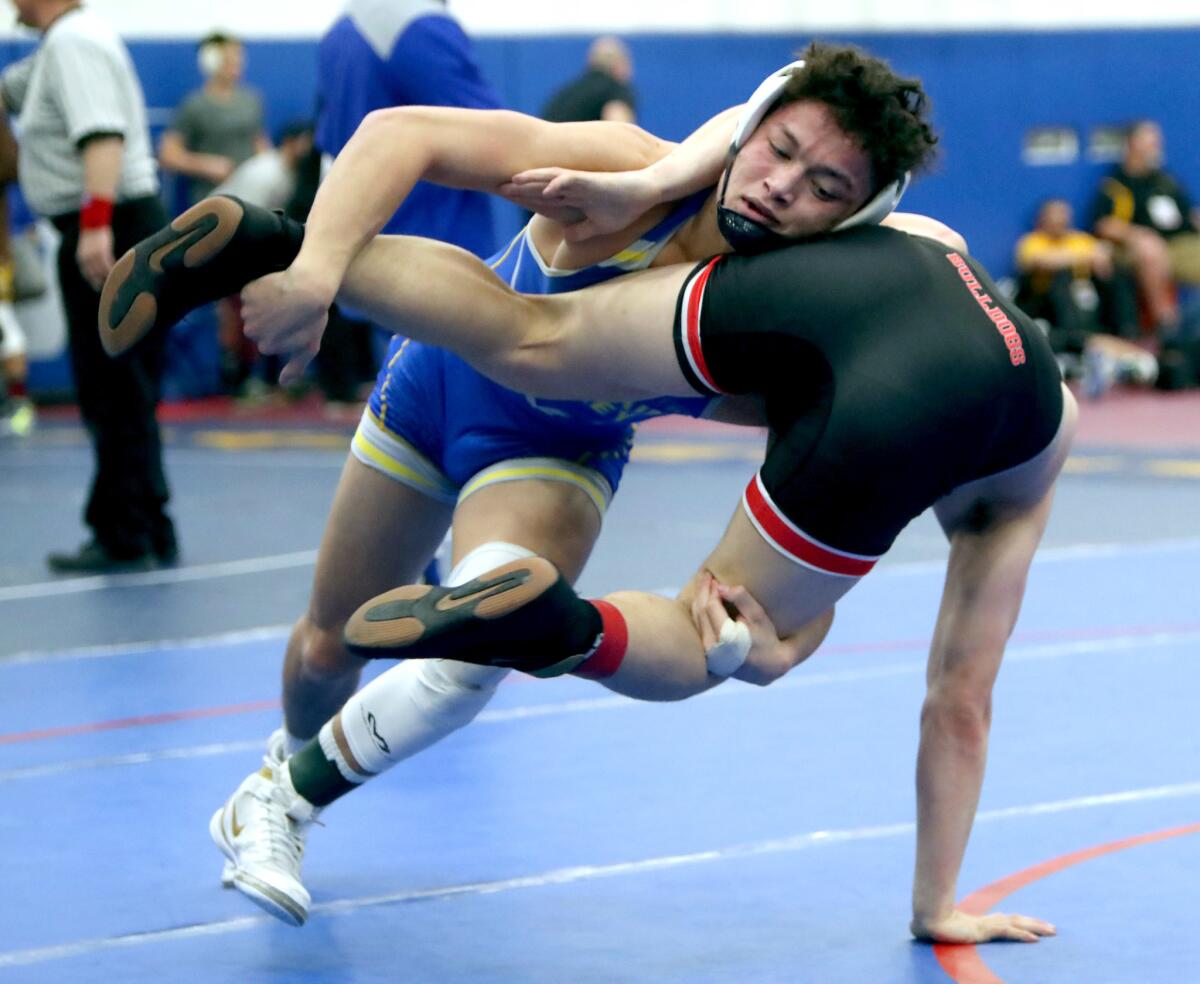 Fountain Valley wrestler Max Wilner won the 160-pound semifinal match versus Kyle Buscher from Oak Hills in the CIF Southern Section Masters Meet at Cerritos College on Feb. 16.