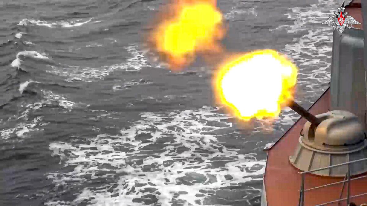 Russian warship firing during naval drill in Black Sea