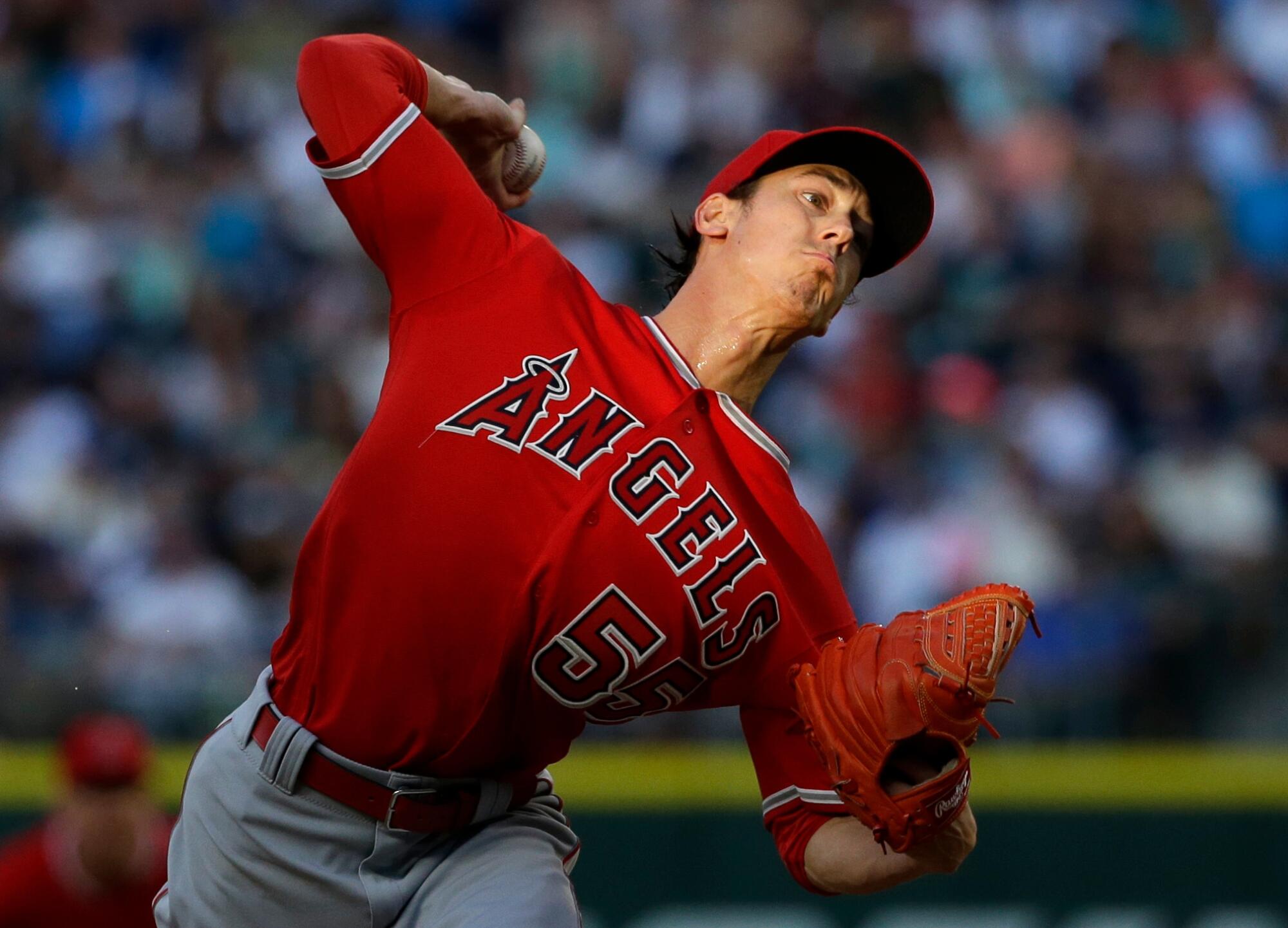 Angels starting pitcher Tim Lincecum delivers during a game against the Seattle Mariners in August 2016.