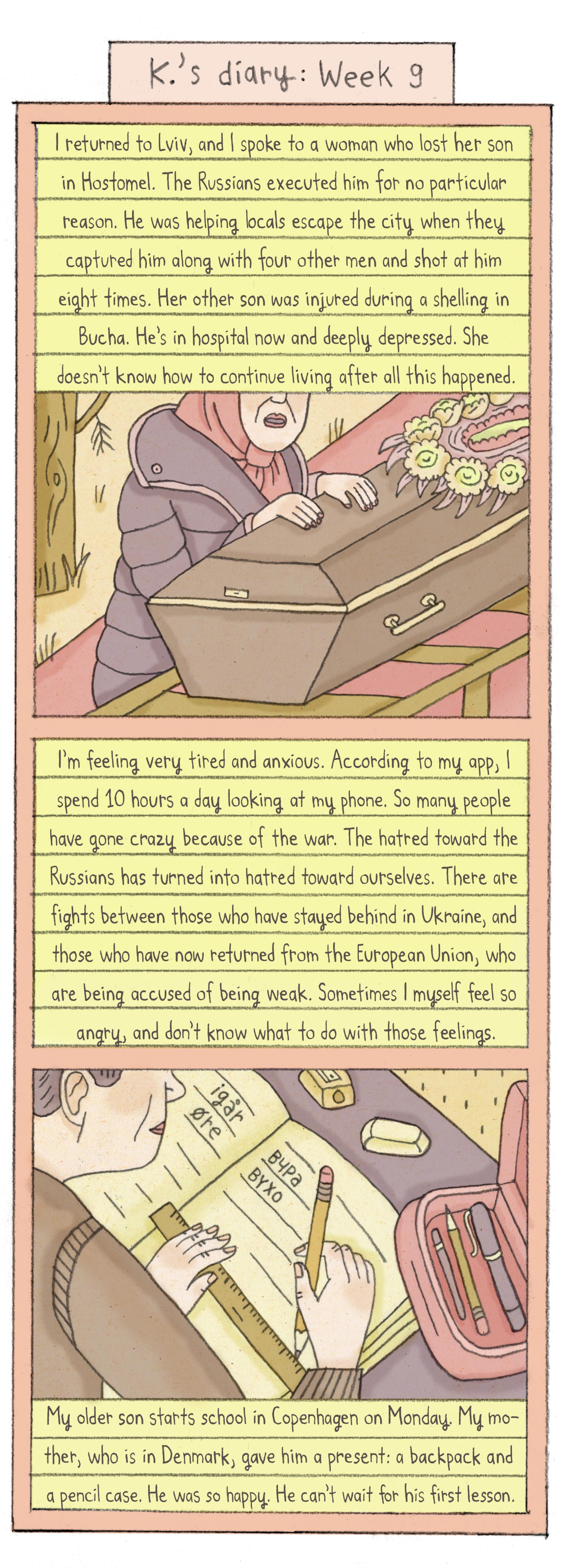 comic depicting a mother standing over the casket of her son. Below a young man writes in a textbook.