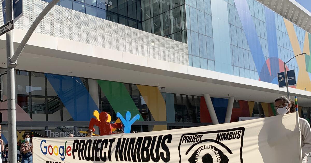 Employees protest Project Nimbus Israel military contract at Google Cloud conference Employees protest Project Nimbus Israel military contract at Google Cloud conference