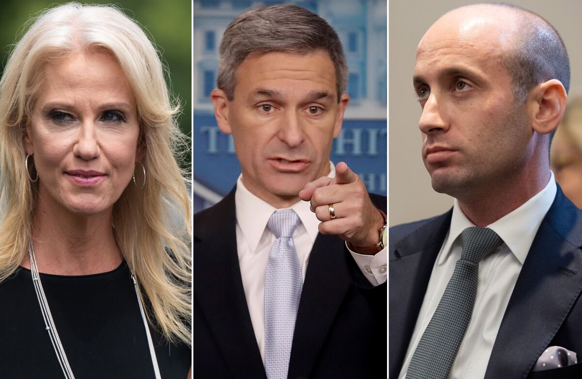 White House Counselor Kellyanne Conway, left, acting U.S. Citizenship and Immigration Services Director Ken Cuccinelli and White House senior advisor Stephen Miller are all alumni of the Federation for Immigration Reform.