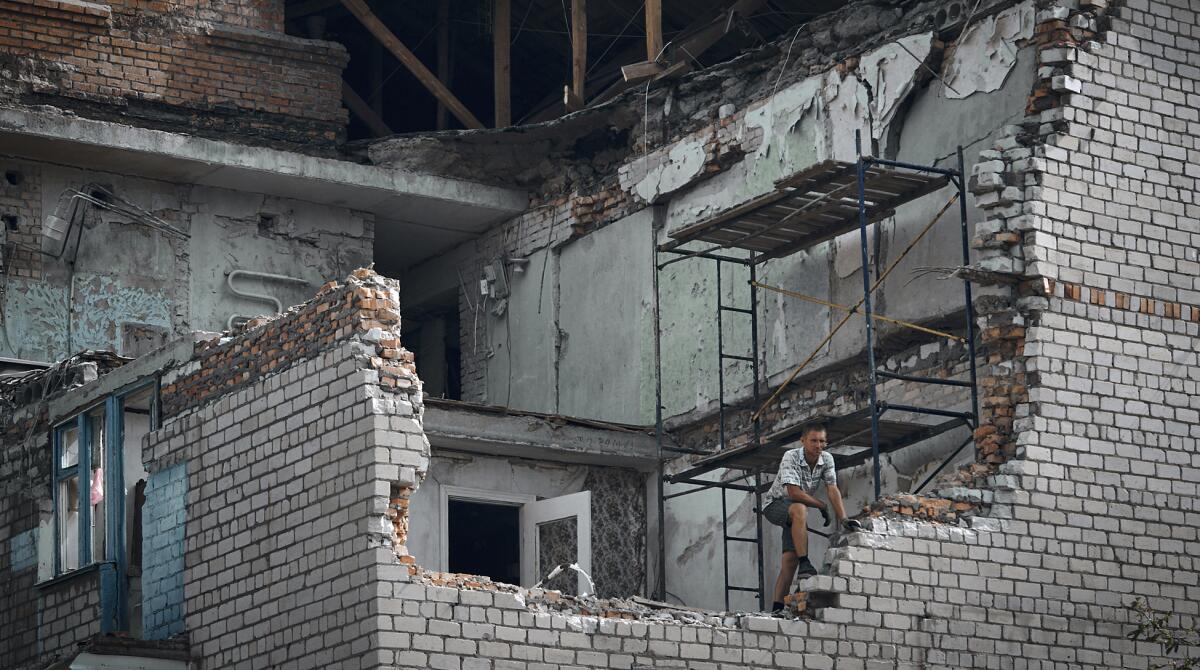 Shelled apartment building in Nikopol, Ukraine