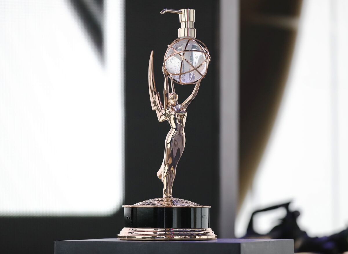 An Emmy-shaped hand sanitizer dispenser, on stage during rehearsals Friday for the 72nd Emmy Awards.