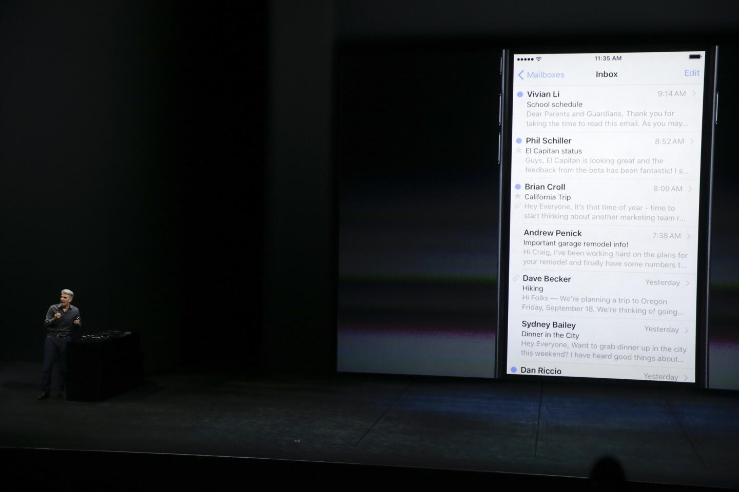 Craig Federighi, senior vice president of Software Engineering, discusses the features of the new iPhone 6s and iPhone 6s Plus during the Apple event at the Bill Graham Civic Auditorium in San Francisco, Wednesday, Sept. 9, 2015. (AP Photo/Eric Risberg)