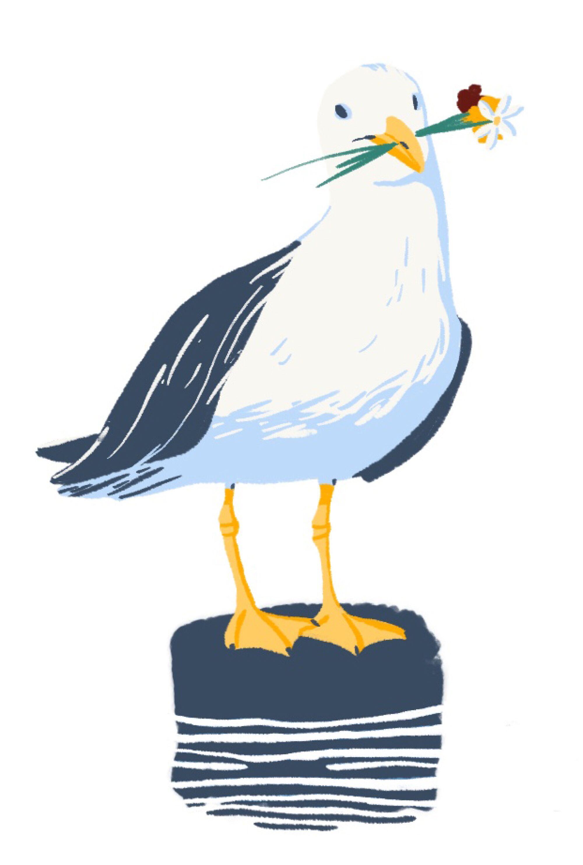 A gull with flowers held in its beak perched on a short pole floating in white space