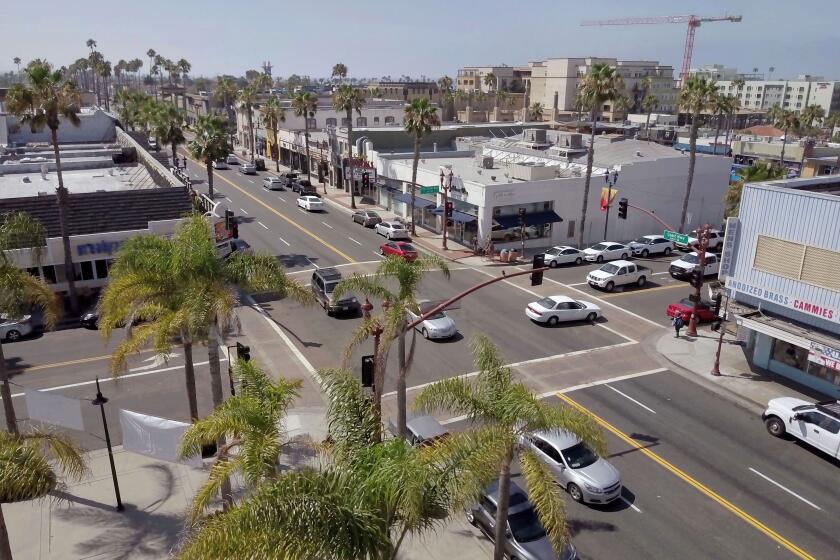July 21, 2017_Oceanside, California_USA_| High angle morning view, looking southwest, of Coast Highway at Pier View Way in downtown Oceanside. It's one of the intersections the City is considering for a roundabout. |_Photo Credit: Photo by Charlie Neuman
