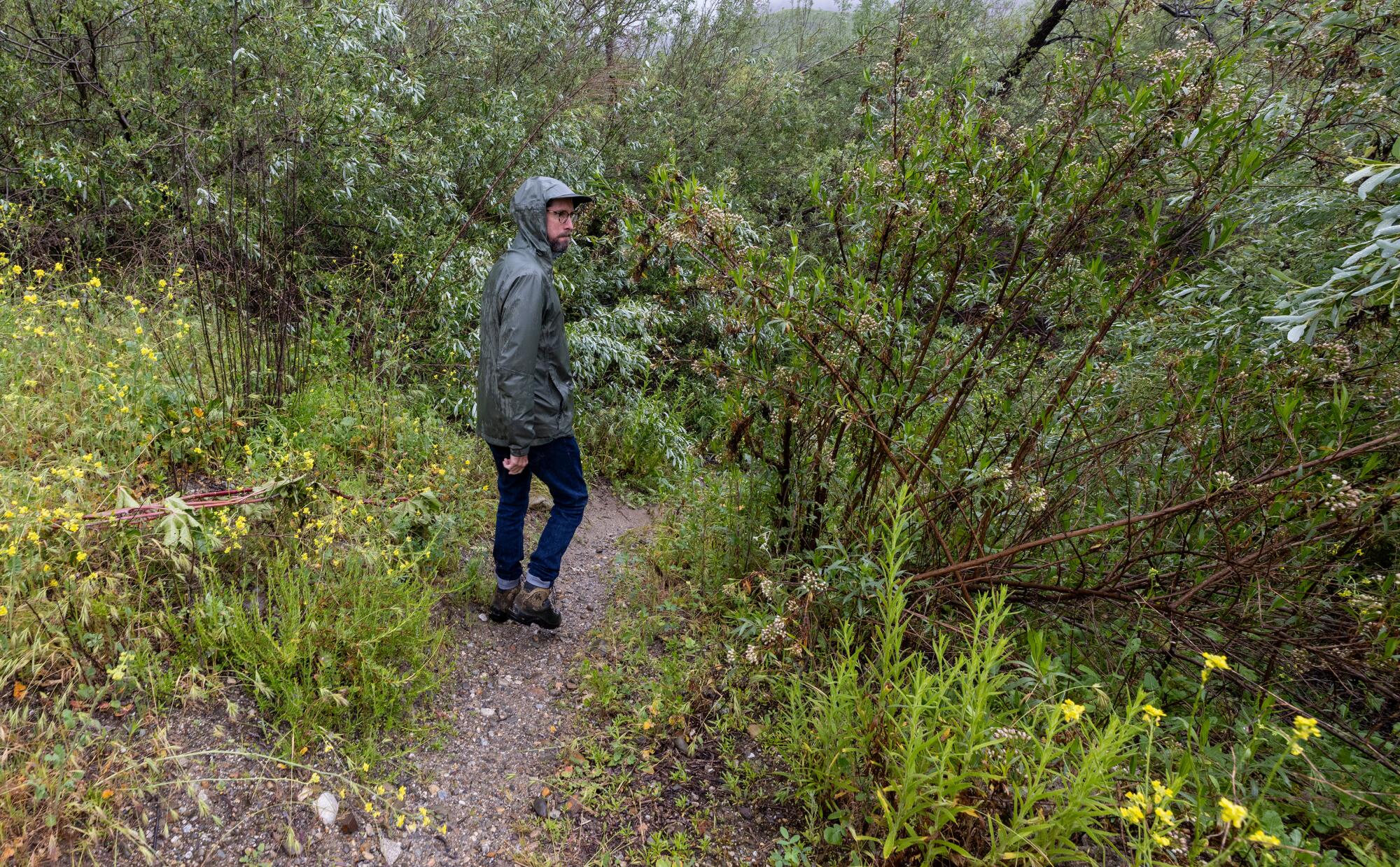 A man in a hooded rain jacket hikes along a soaked trail. 