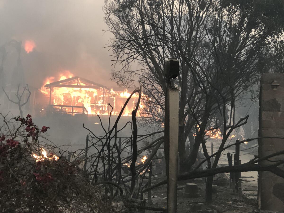A home is engulfed in flames in front of burned trees