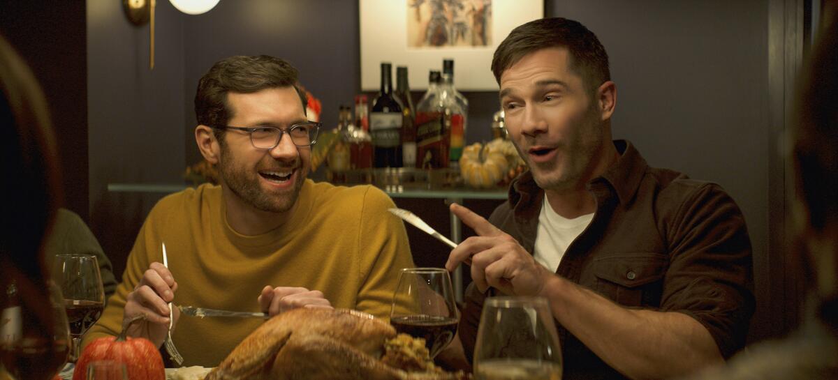 This image released by Universal Pictures shows Billy Eichner, left, and Luke Macfarlane in a scene from "Bros." (Universal Pictures via AP)