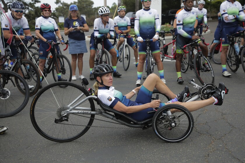 Michelle Pinard ready for a training ride on her recumbent street bike with a group of riders on Sept. 21 in Del Mar.