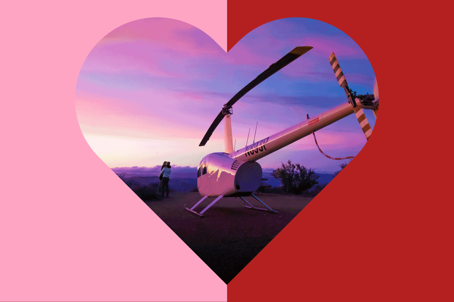 A pink and red field with a heart cut out that shows photos of a plane, beach, vineyard, garden, and cocktail bar