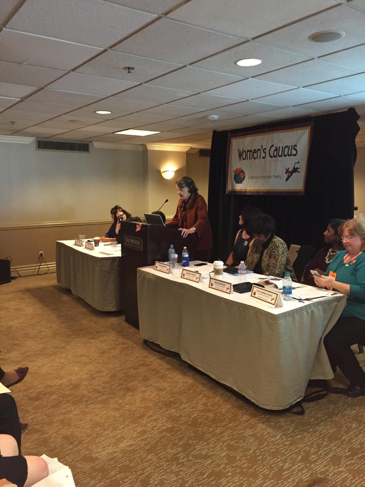 Sen. Dianne Feinstein (D-Calif.) speaks to the Women’s Caucus at the California Democratic Party Executive Board meeting in Millbrae.