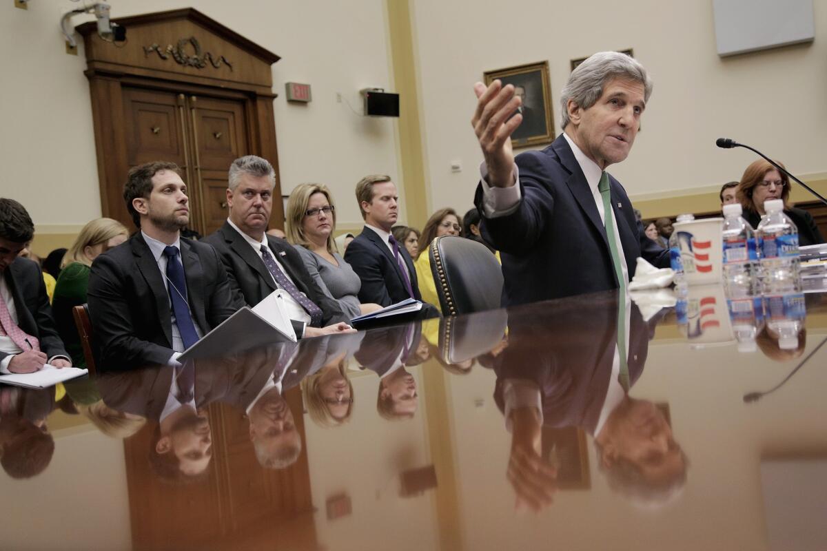 Secretary of State John F. Kerry testifies before the House Foreign Affairs Committee last month in Washington in an effort to head off sanctioning Iran to give diplomacy a chance to work its course.