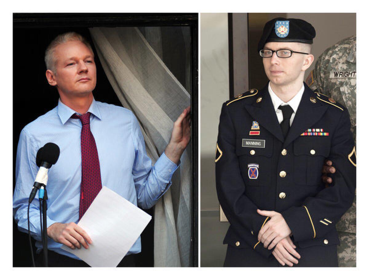 Wikileaks founder Julian Assange, left, on the balcony of the Ecuadorean Embassy in London last summer; Army Pfc. Bradley Manning being escorted after a March hearing at Ft. Meade, Md. Read: WikiLeaks founder says Bradley Manning court-martial a 'show' trial