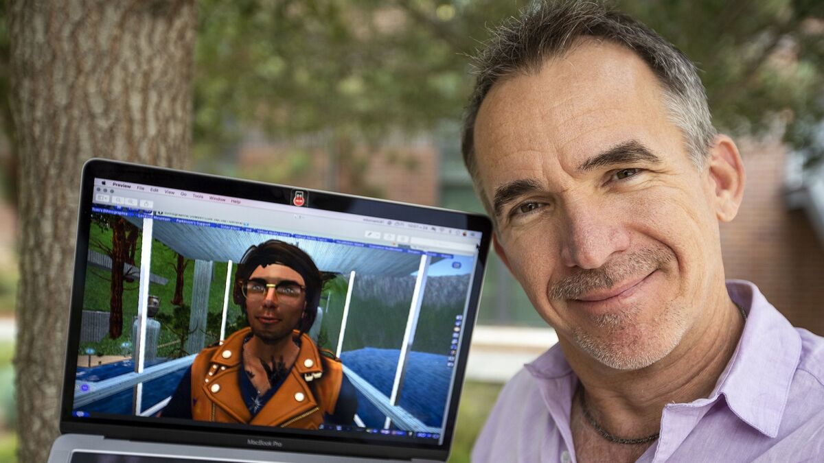 UC Irvine anthropology professor Tom Boellstorff poses with his Second Life avatar, Tom Bukowski. Boellstorff researches how disabled people use Second Life to communicate.