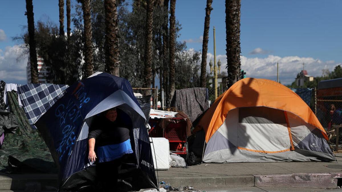 A homeless woman in Los Angeles carries her tent as she relocates her camp in January.