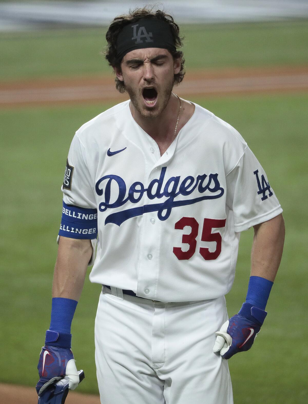 Dodgers center fielder Cody Bellinger reacts.