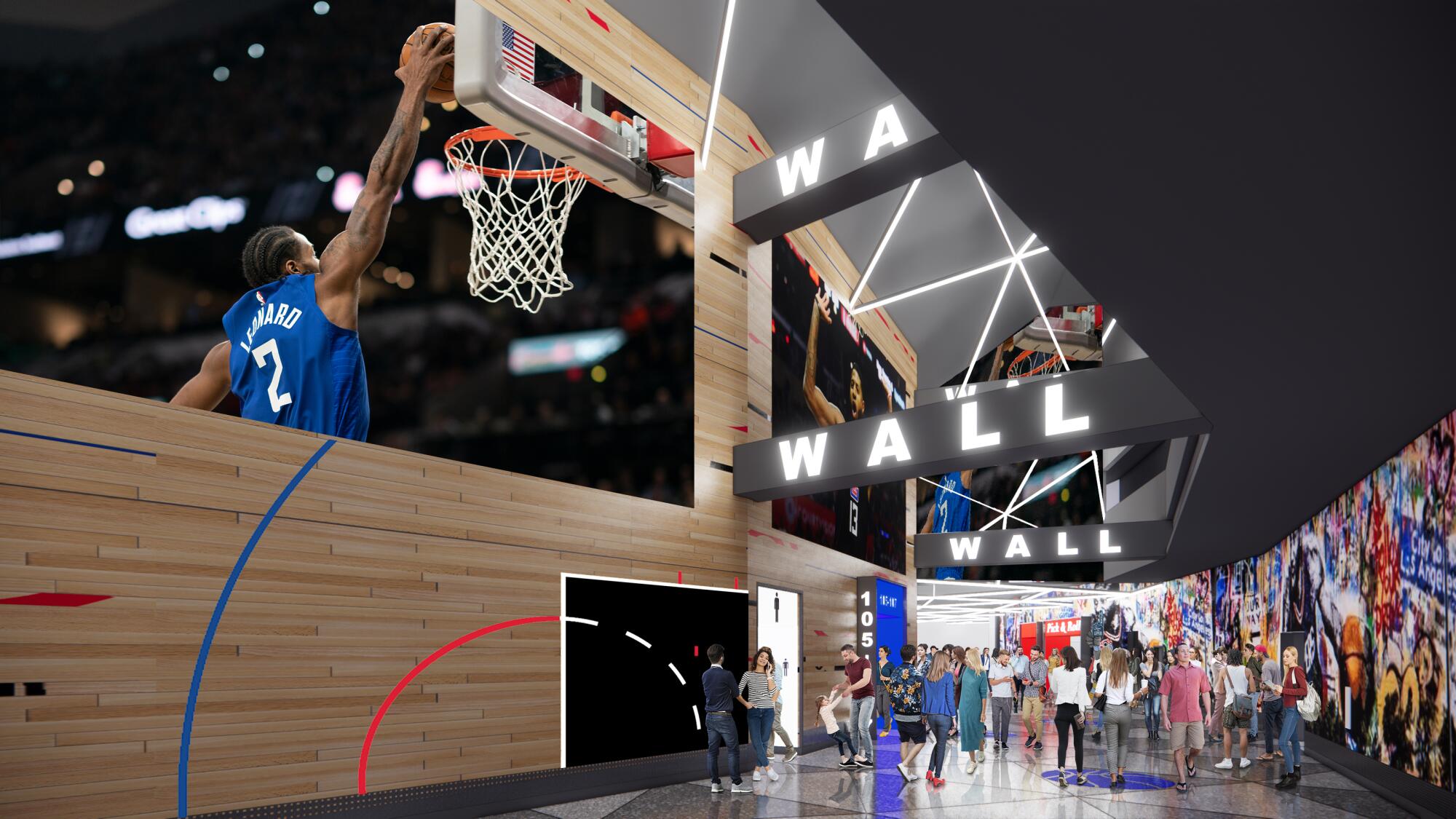 A poster of Kawhi Leonard dunking is featured on one end of the arena, on the concourse behind "The Wall."