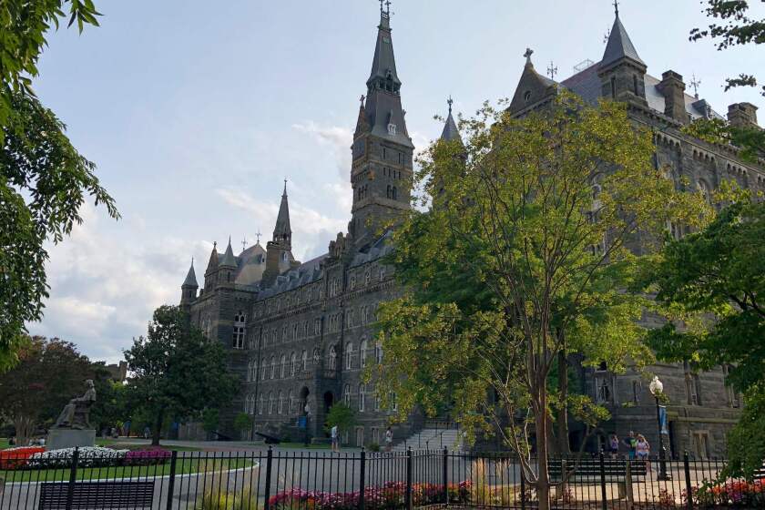(FILES) This file photo taken on August 19, 2018 shows the Georgetown University campus in Washington, DC. - Students at Georgetown University have approved a fund that would benefit the descendants of slaves sold by the elite Jesuit school in the 1800s. Creation of the reparations fund was approved in a student referendum and the results were announced late April 11, 2019. The Georgetown University Student Association (GUSA) said 2,541 students voted in favor of the measure while 1,304 opposed it. (Photo by Daniel SLIM / AFP)DANIEL SLIM/AFP/Getty Images ** OUTS - ELSENT, FPG, CM - OUTS * NM, PH, VA if sourced by CT, LA or MoD **