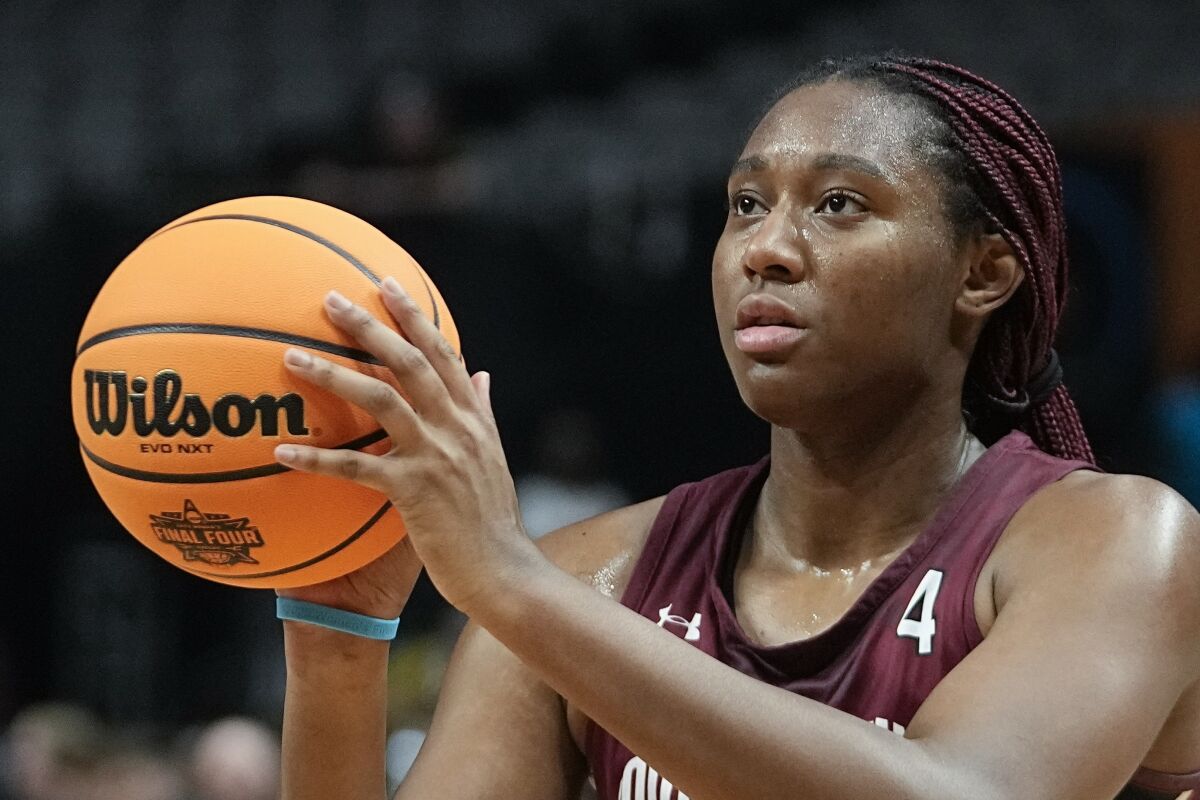 South Carolina's Aliyah Boston shoots during a practice session for an NCAA Women's Final Four semifinals basketball game Thursday, March 30, 2023, in Dallas. (AP Photo/Darron Cummings)