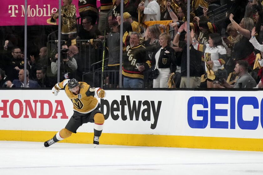 Vegas Golden Knights right wing Jonathan Marchessault (81) celebrates his goal against the Florida Panthers during the first period of Game 2 of the NHL hockey Stanley Cup Finals, Monday, June 5, 2023, in Las Vegas. (AP Photo/John Locher)