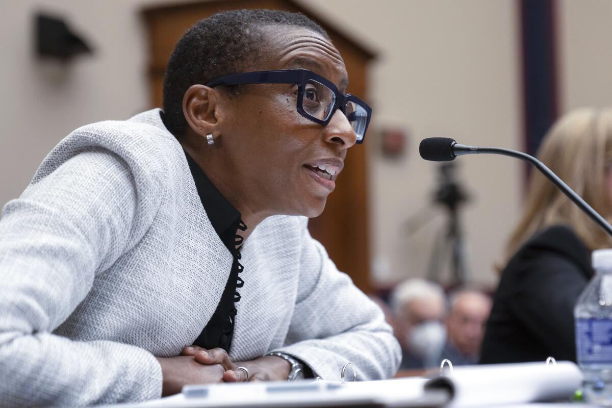 Claudine Gay speaks into a microphone at a congressional hearing