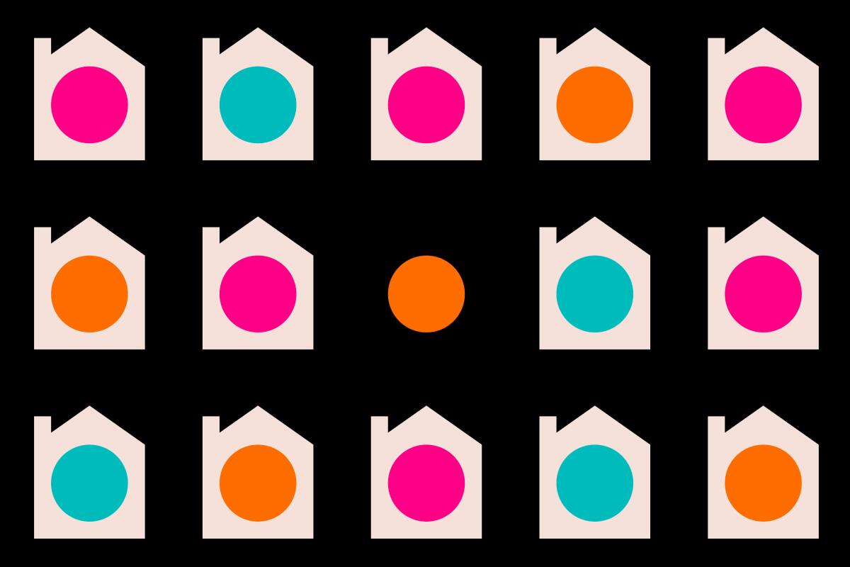 Rows of dots in houses with one dot outside.