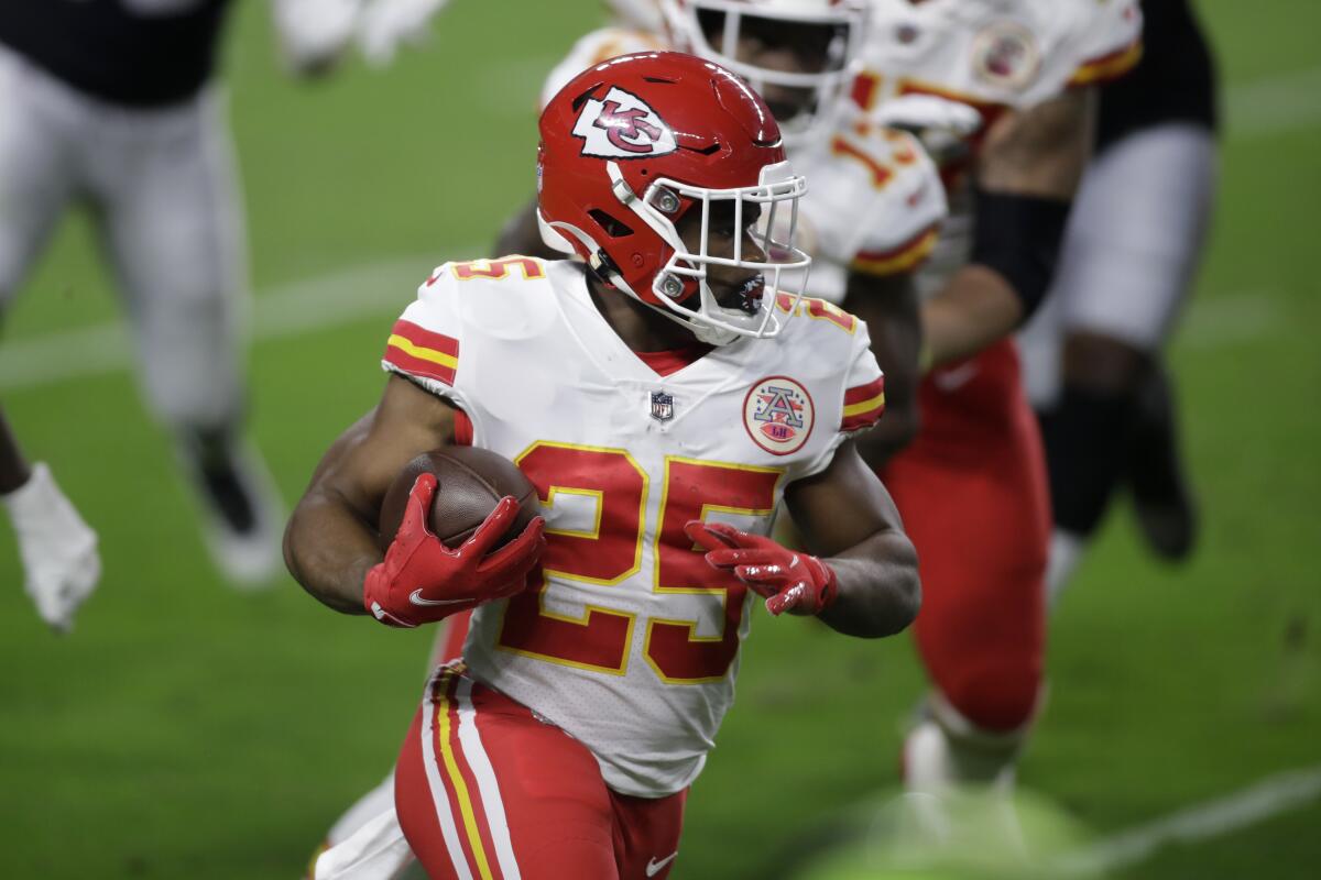 Kansas City Chiefs running back Clyde Edwards-Helaire carries the ball against the Las Vegas Raiders on Nov. 22.