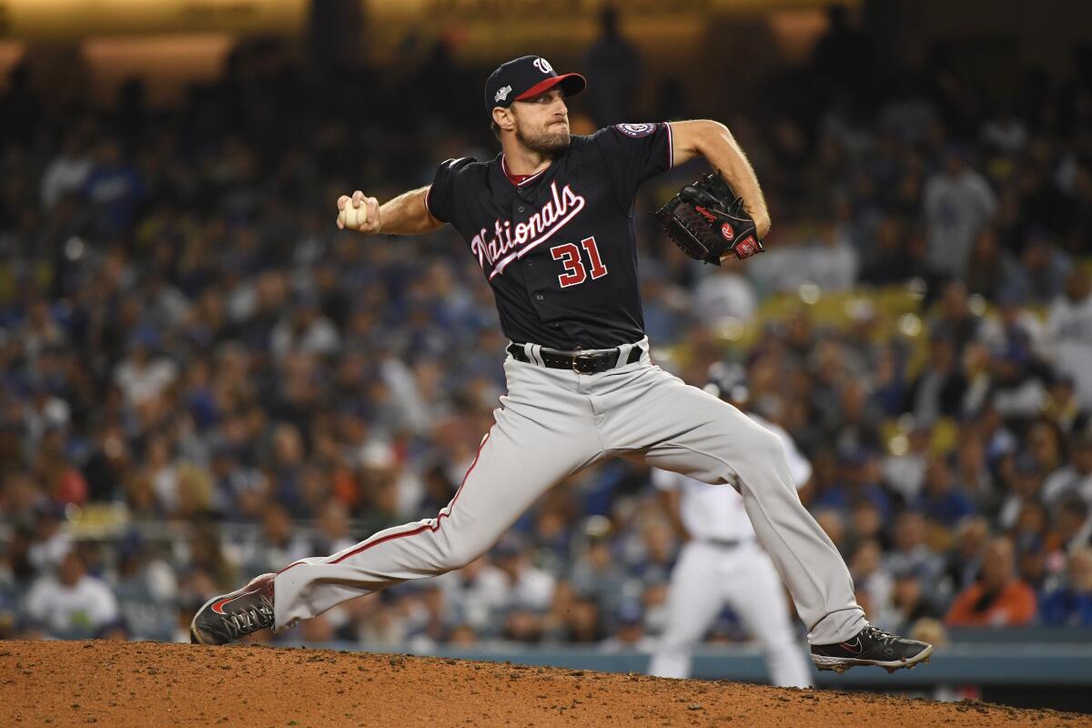 Washington Nationals pitcher Max Scherzer delivers during the eighth inning of a 4-2 win over the Dodgers.