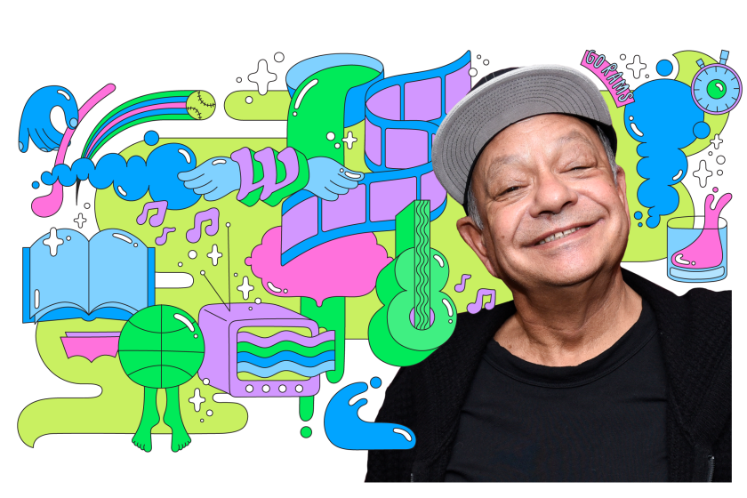 Photo of Cheech Marin smiling, with vibrant illustrations surrounding him: a book, TV, guitar, smoke, film reel, and more.