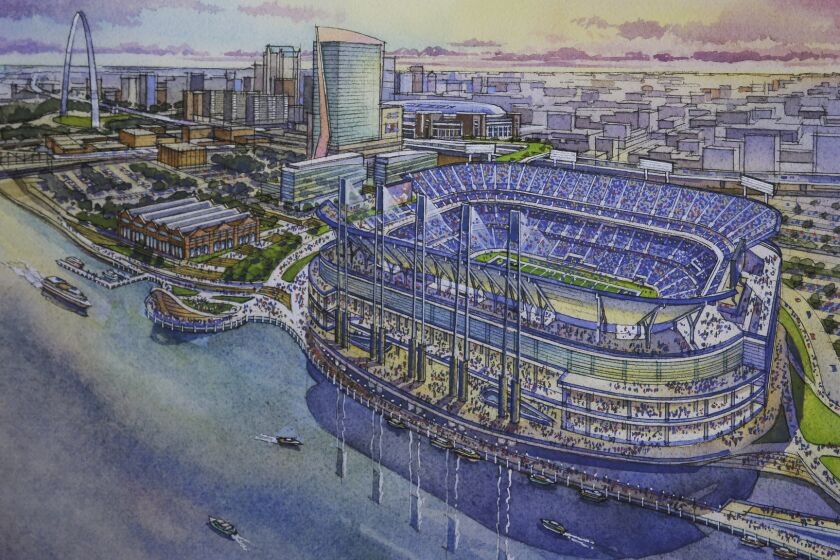 An artist's rendering of a proposed downtown St. Louis stadium for the Rams.