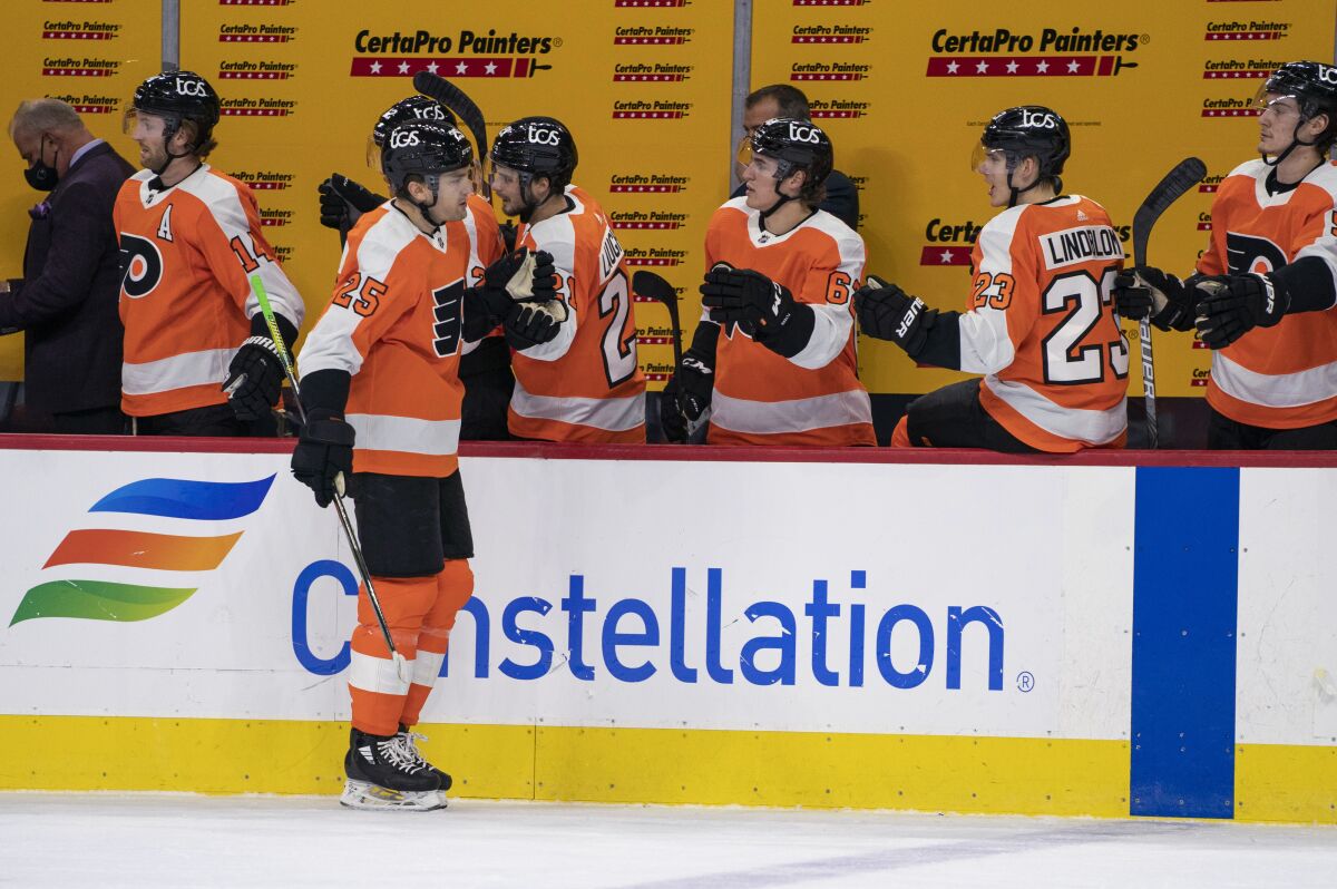 Philadelphia Flyers' James van Riemsdyk celebrates his goal with teammates during the first period of an NHL hockey game against the Pittsburgh Penguins, Wednesday, Jan. 13, 2021, in Philadelphia. (AP Photo/Chris Szagola)