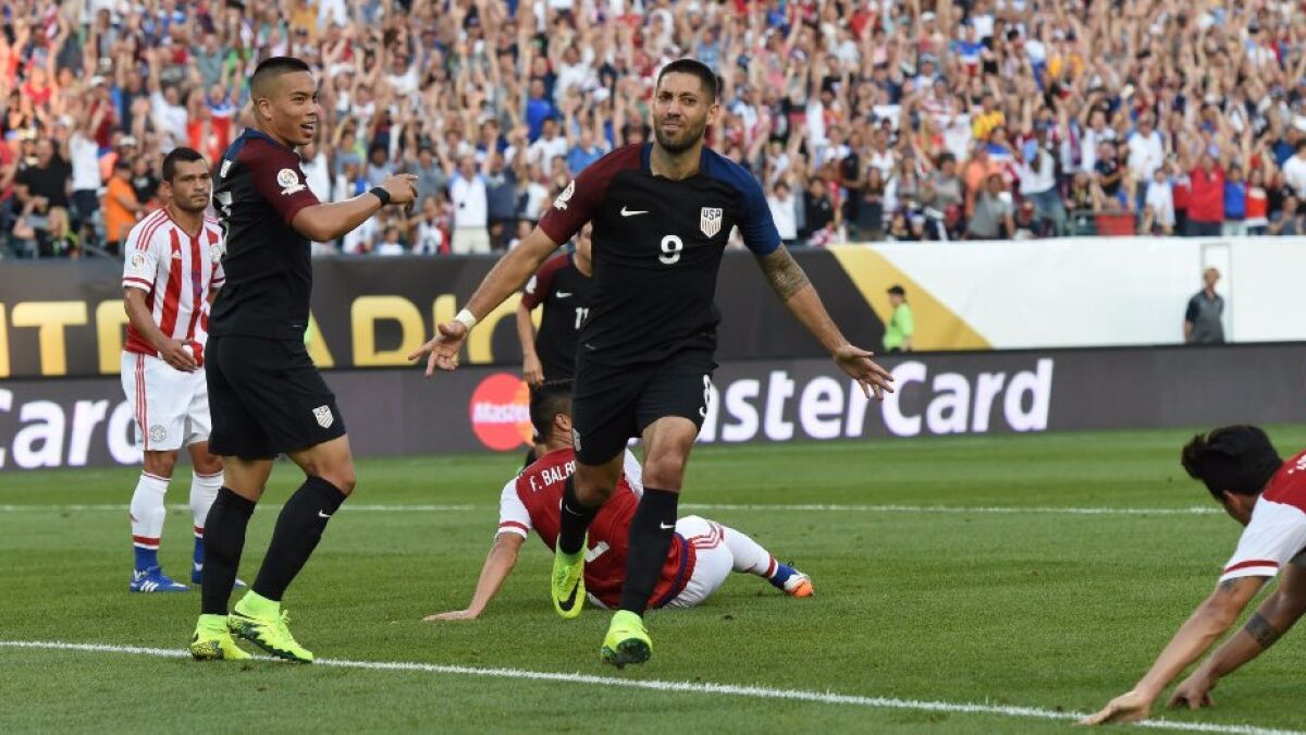 U.S. forward Clint Dempsey celebrates after scoring a goal against Paraguay during the first half of a Copa America match on June 11.