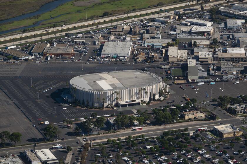San Diego, CA - October 20: Pechanga Arena San Diego and surrounding areas are shown on Thursday, Oct. 20, 2022 in San Diego, CA. The 48-acre sports arena site in the Midway District is surrounded by Interstate 8 and the San Diego River, top, and commercial development. (K.C. Alfred / The San Diego Union-Tribune)