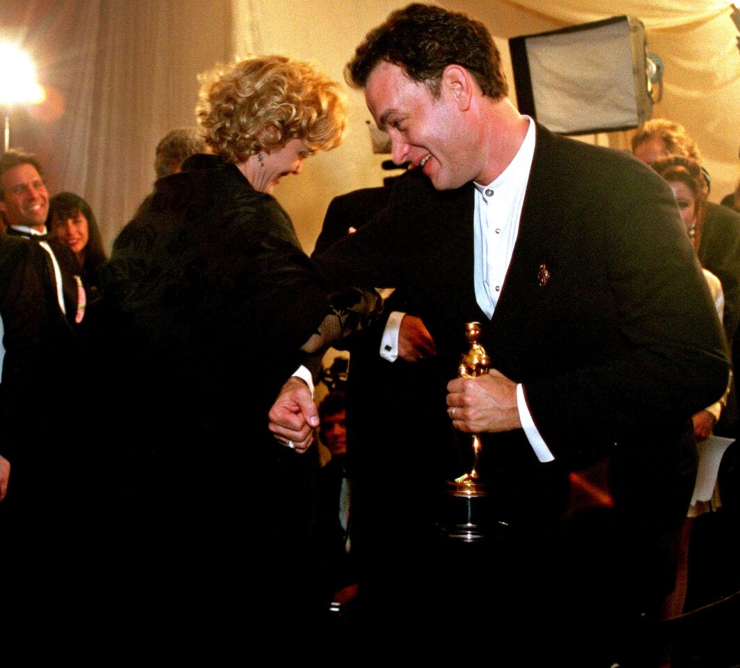 Oscar winners Tom Hanks and Jessica Lange at the Governors Ball in 1995.