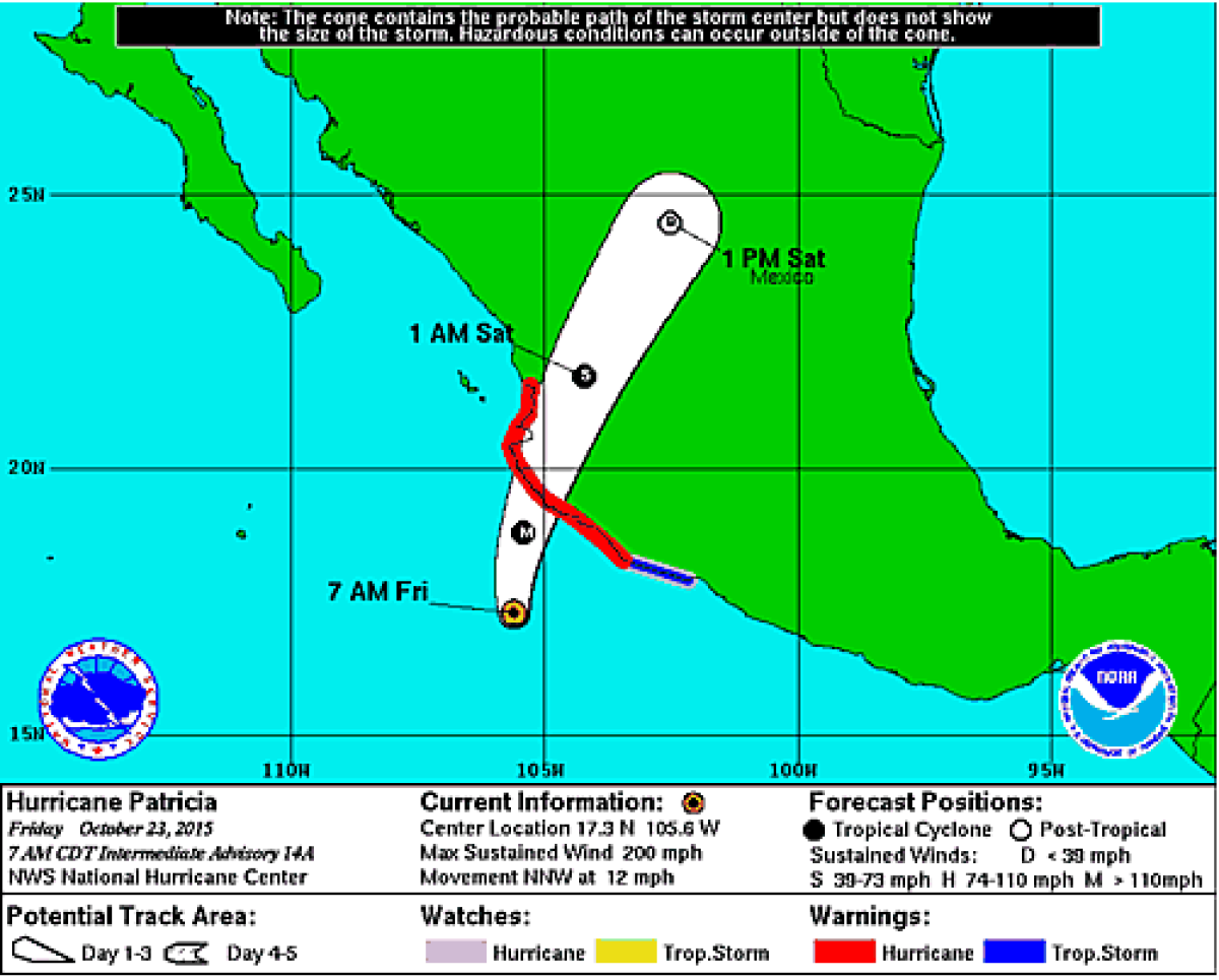 The National Hurricane Center predicts Patricia's path.