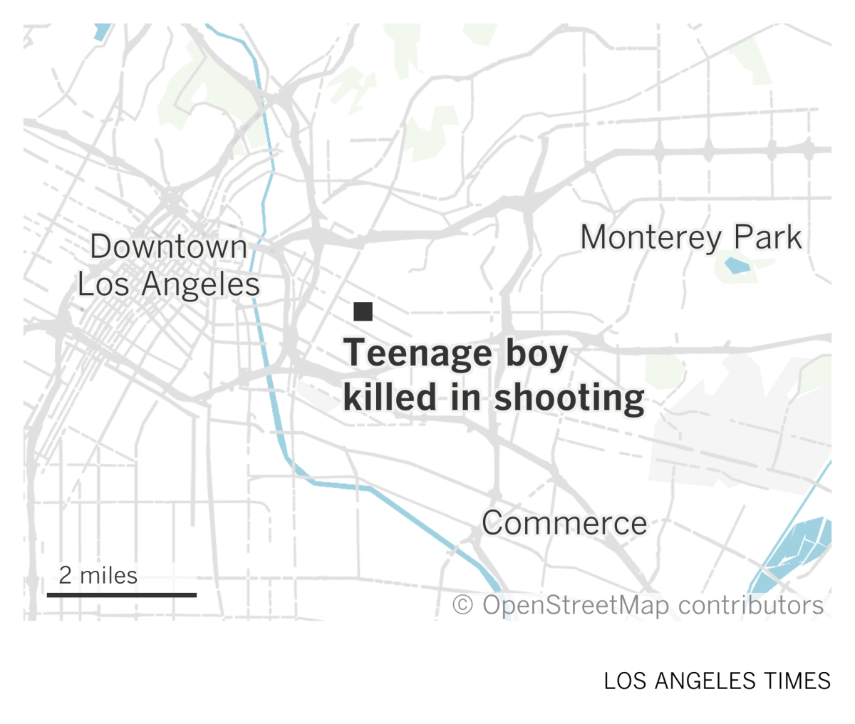A map of Boyle Heights east of L.A., showing where a teenage boy was killed in a shooting