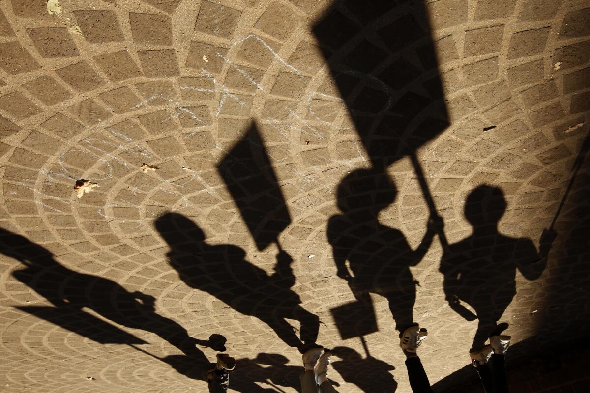 The shadows of demonstrators holding signs are cast on the ground