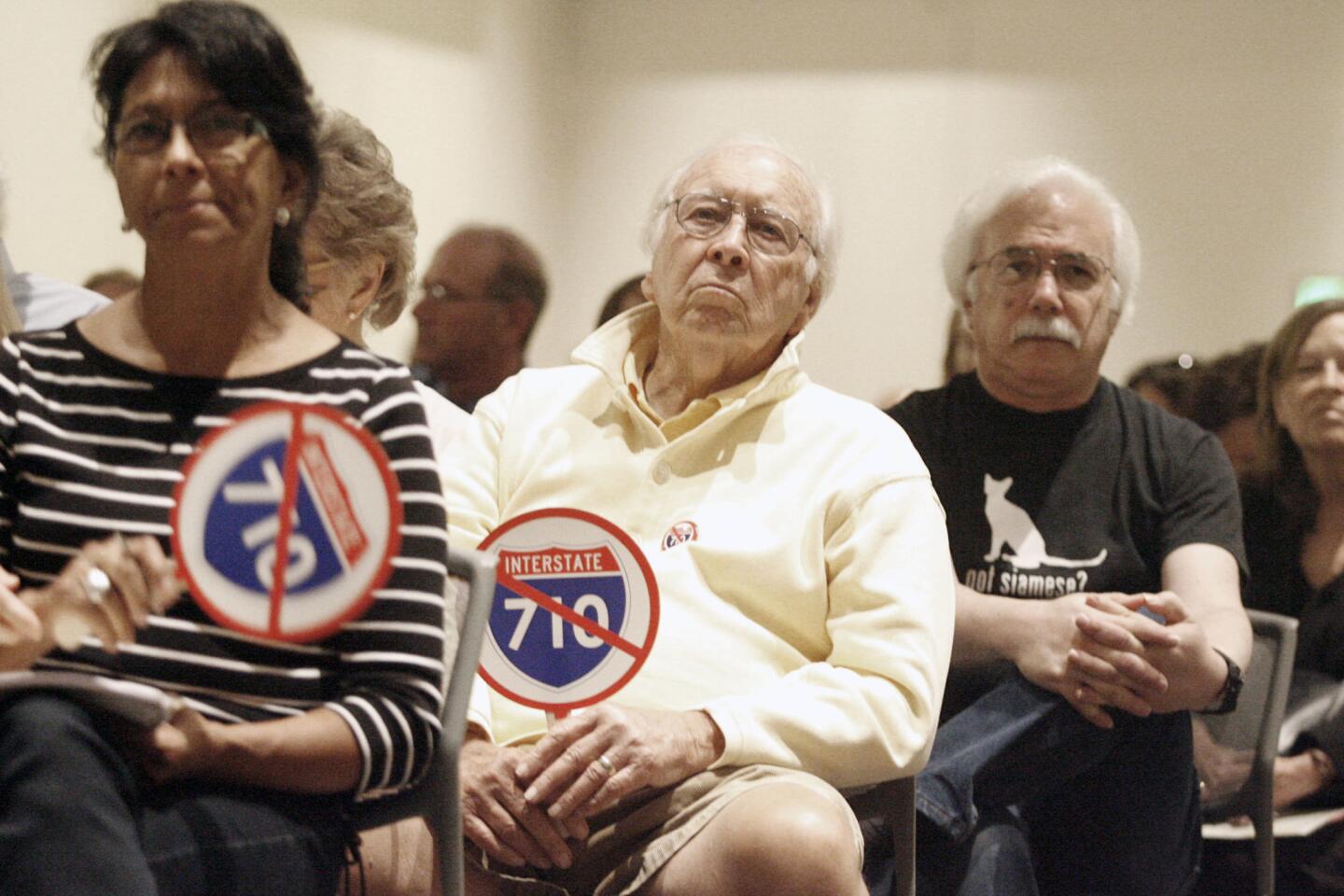 Rebecca Hoist, from left, Ray Skelly and Stan Sieger attend a panel discussion about the 710 freeway extension proposal, which took place at the Pasadena Convention Center on Tuesday, September 18, 2012.