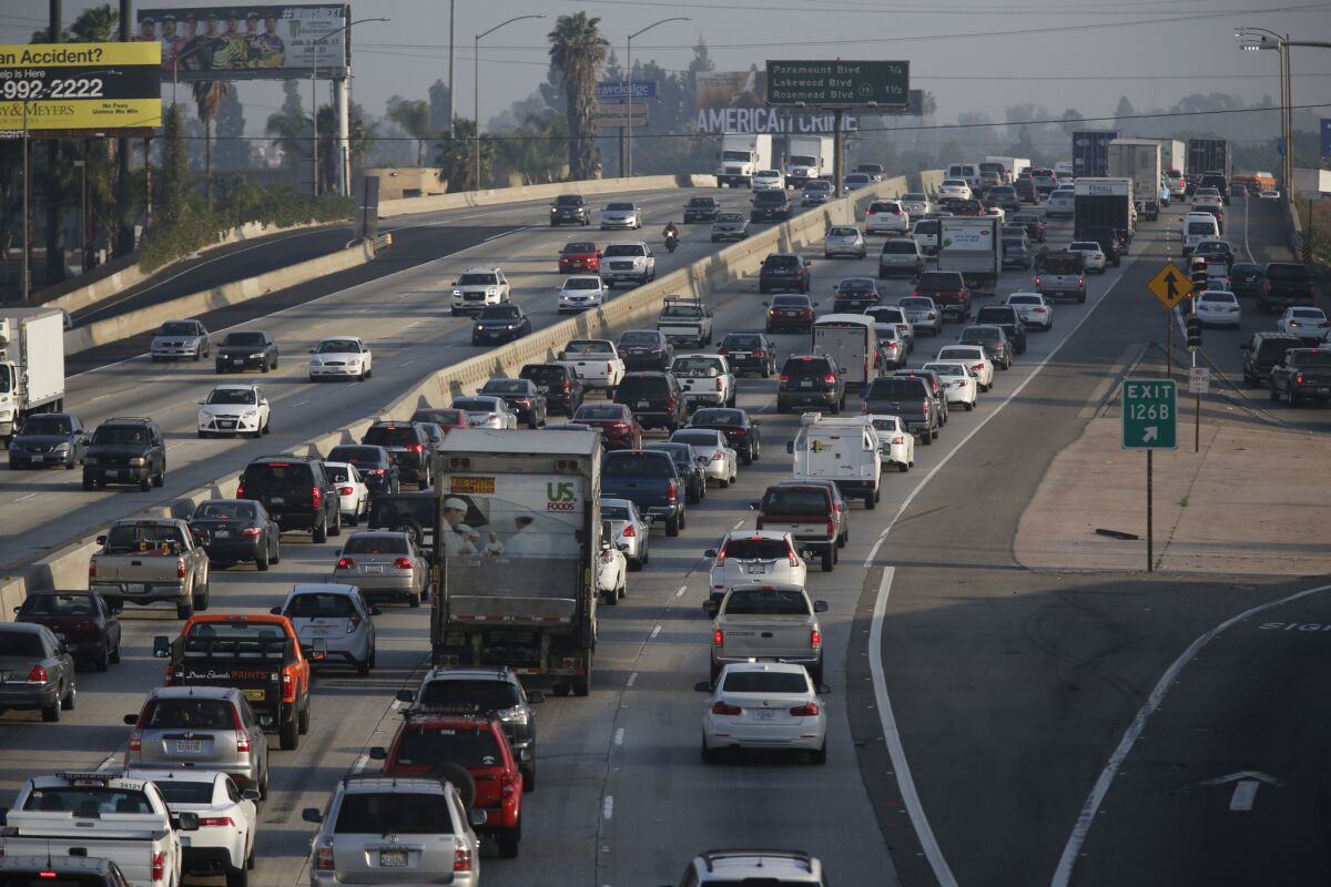 Traffic moves slowly south on Interstate 5 between the 710 and 605 freeways. The 5.8-mile stretch is considered the worst bottleneck in the state.