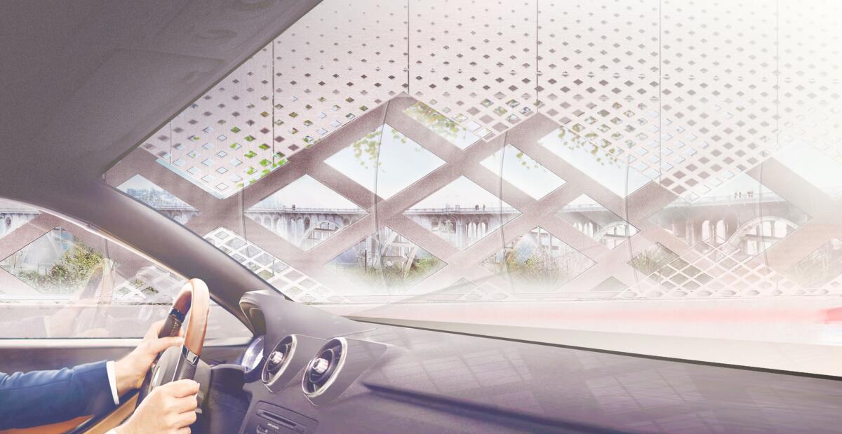 A rendering view from a car interior of the 134 Arroyo Seco Bridge project. (Michael Maltzan Architecture, Inc.)