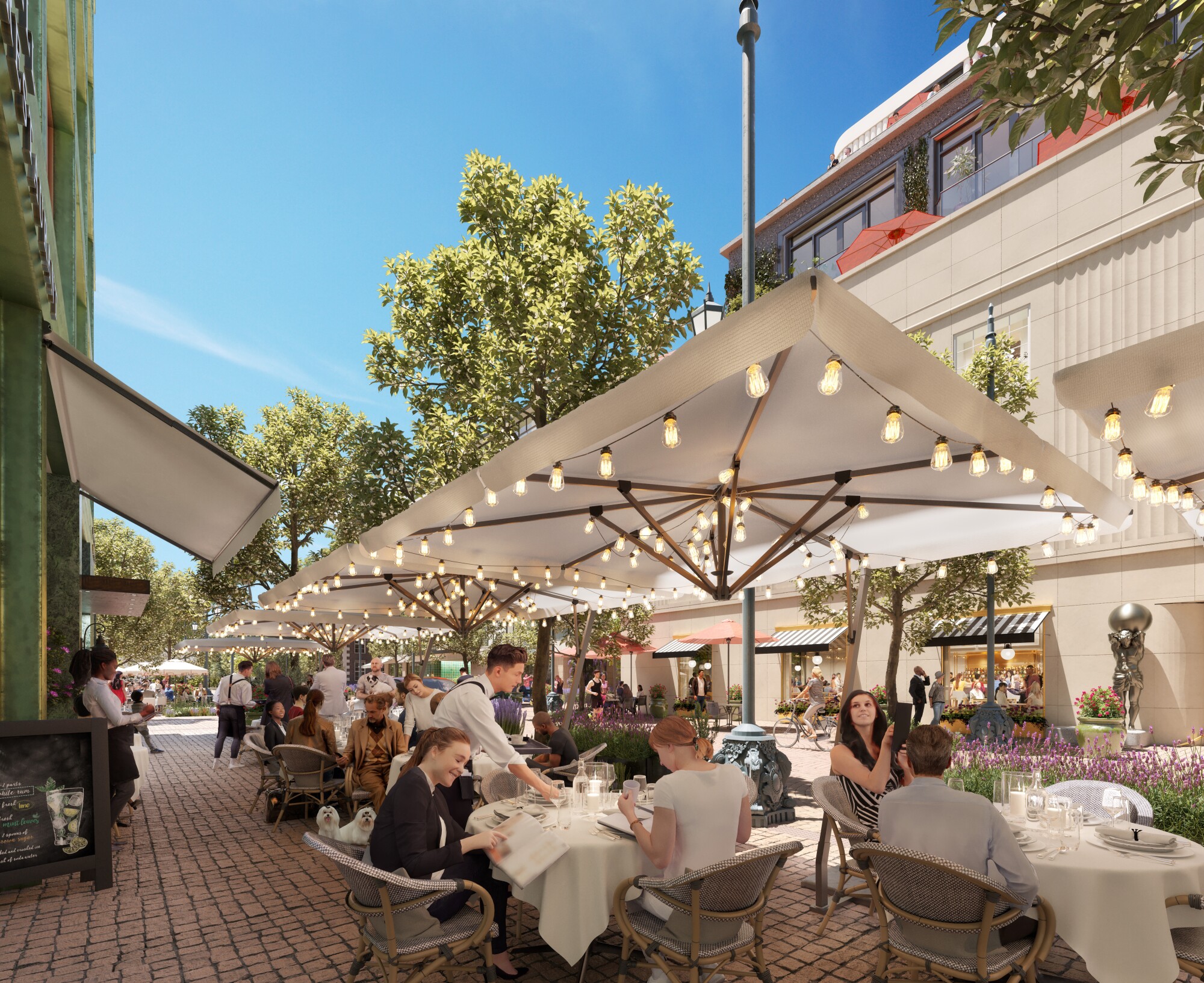 A render shows an alfresco dining at the Saks Fifth Avenue development.