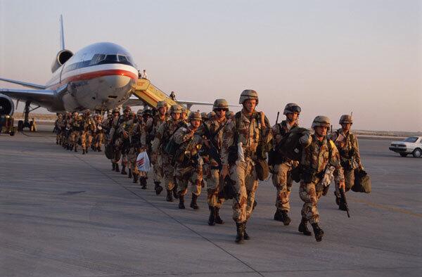 US troops arrive in Saudi Arabia to take part in Operation Desert Shield during the Gulf War, 1990.