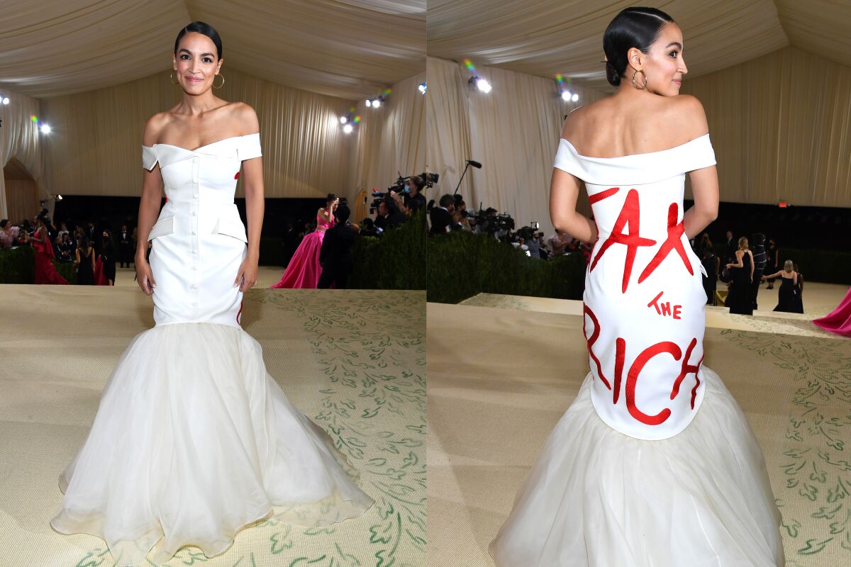 A split image of a woman in a white dress with "Tax the Rich" written on the back in red letters