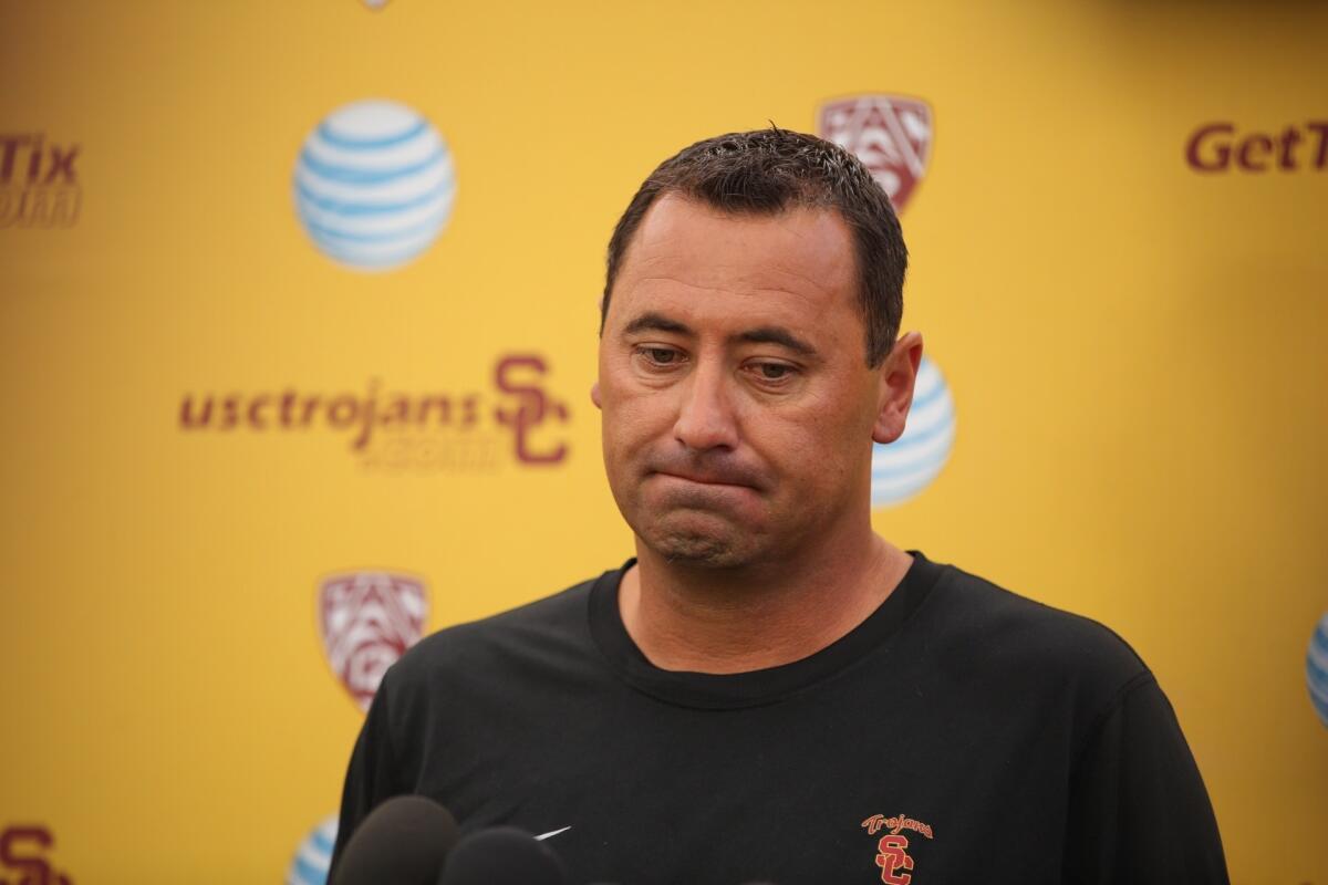 USC football coach Steve Sarkisian addresses the media Tuesday morning about his behavior and language during a booster event on campus Saturday night.