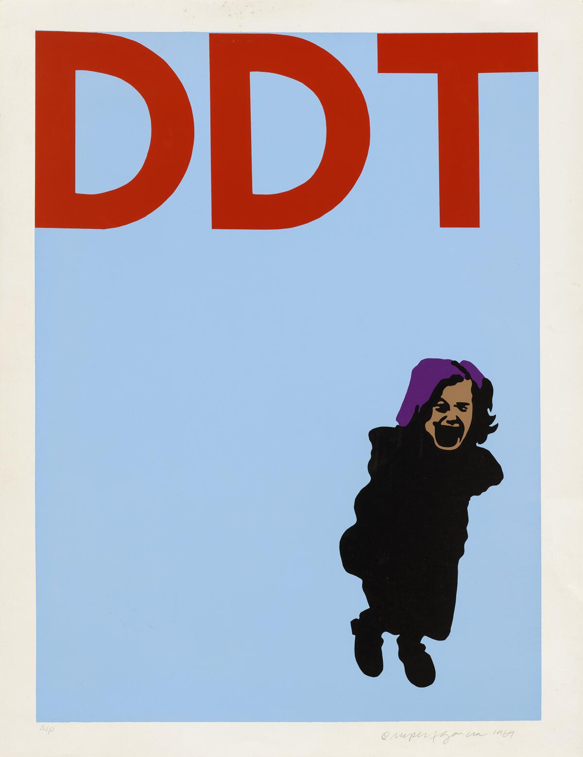 A small figure is seen screaming against a flat blue blackground emblazoned with the letters "DDT" in red